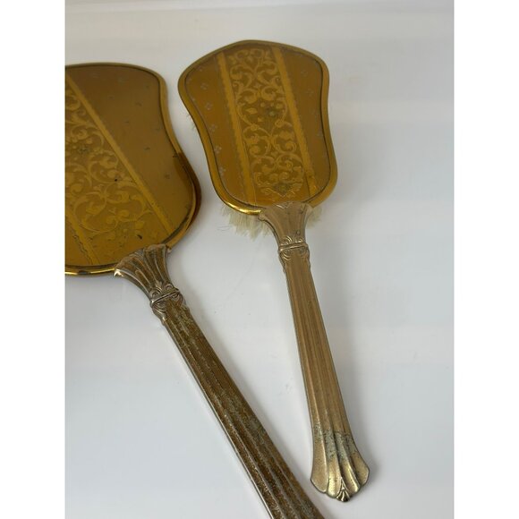 VTG Handheld Vanity Mirror & Brush Set Gold-Toned Floral Ornate Design Hollywood - Picture 3 of 7